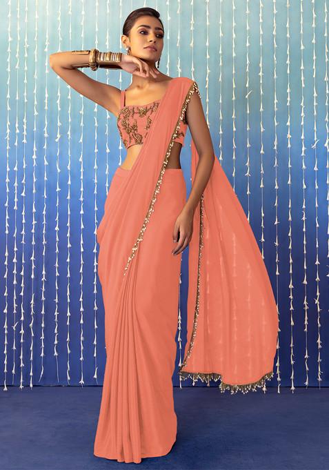 Peach Pre-Stitched Saree Set With Floral Embroidered Strappy Blouse