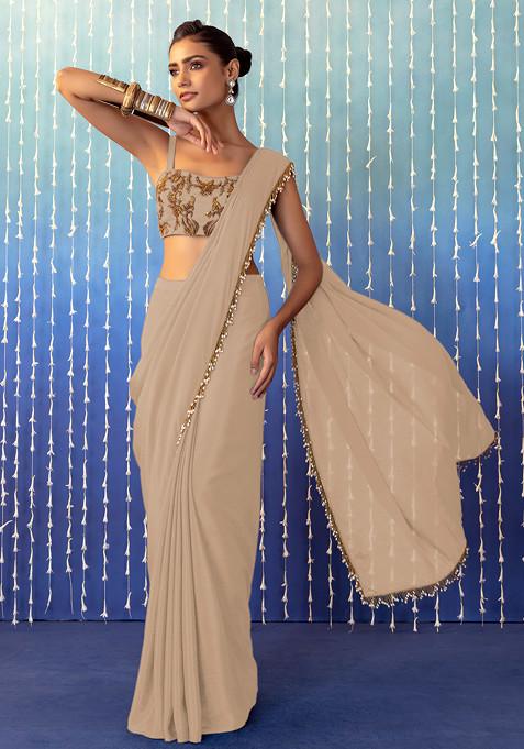 Beige Pre-Stitched Saree Set With Floral Embroidered Strappy Blouse