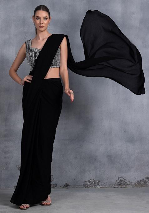 Black Sequin Embroidered Chinon Saree Set