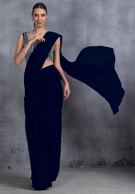 Navy Blue Sequin Embroidered Chinon Saree Set