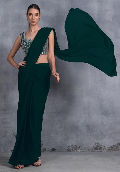 Deep Green Sequin Embroidered Chinon Saree Set