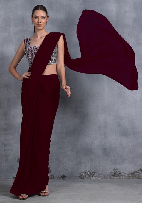 Deep Purple Sequin Embroidered Chinon Saree Set