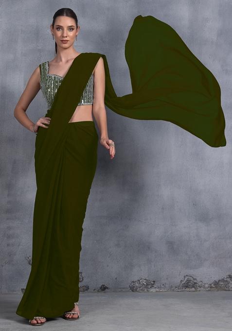 Seaweed Green Sequin Embroidered Chinon Saree Set