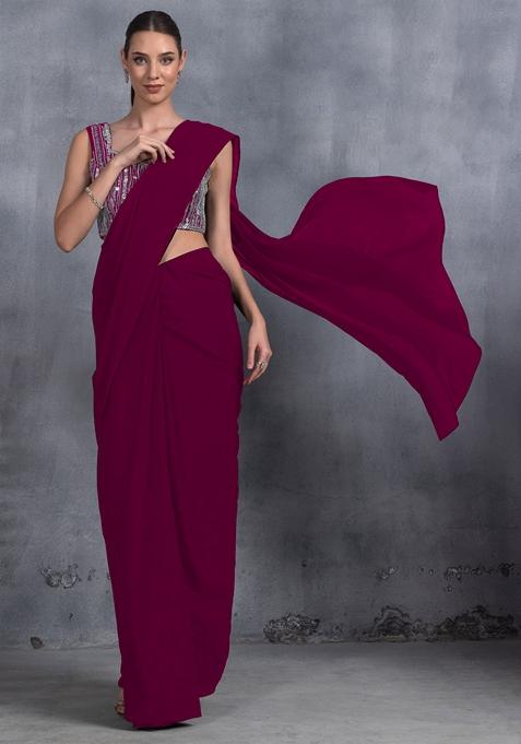 Plum Purple Sequin Embroidered Chinon Saree Set