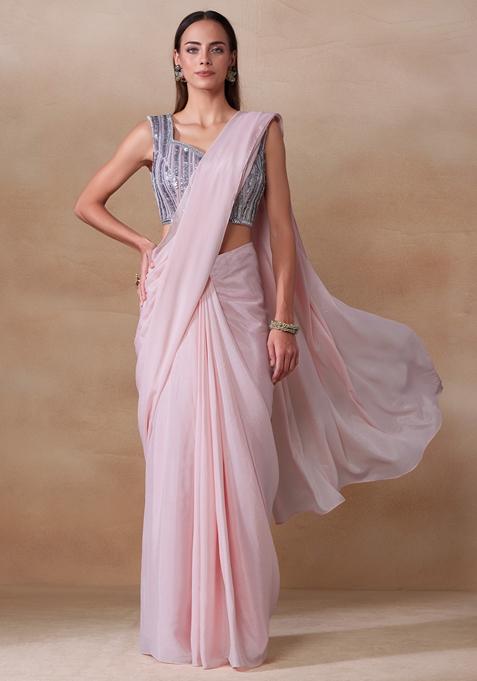 Rose Pink Stone Work Chinon Saree Set