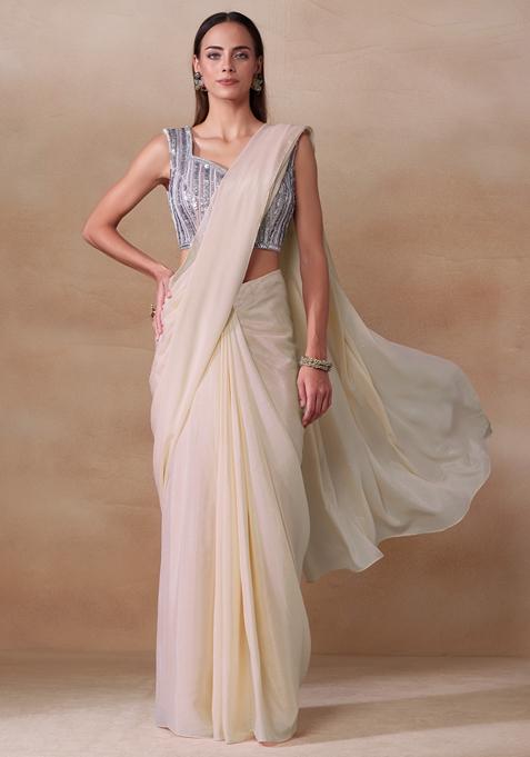 Light Yellow Stone Work Chinon Saree Set