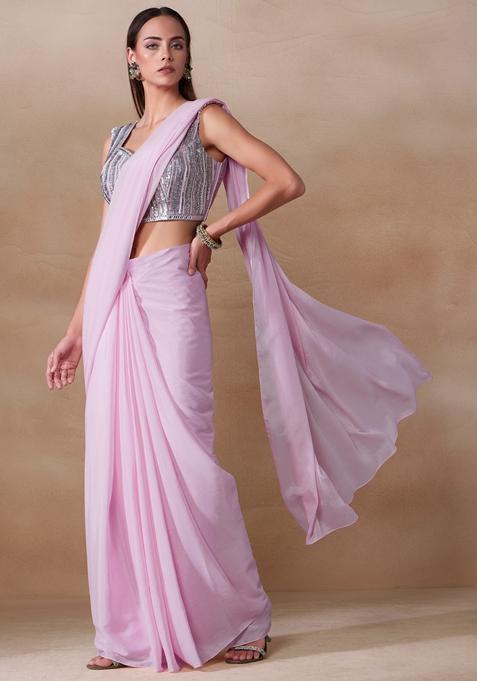 Light Pink Stone Work Chinon Saree Set