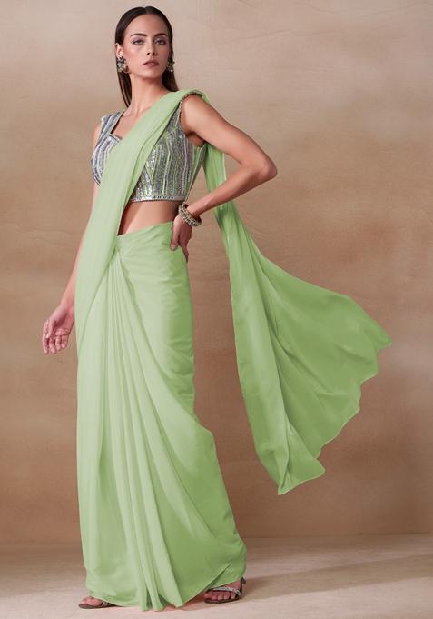 Light Green Stone Work Chinon Saree Set