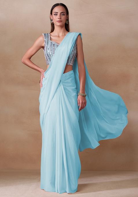 Light Blue Stone Work Chinon Saree Set