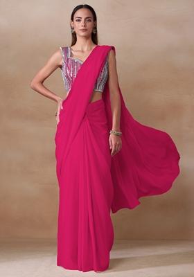 Hot Pink Stone Work Chinon Saree Set