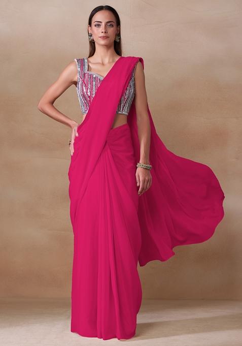 Hot Pink Stone Work Chinon Saree Set