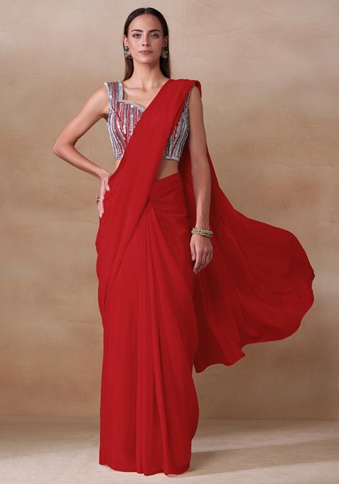 Red Stone Work Chinon Saree Set