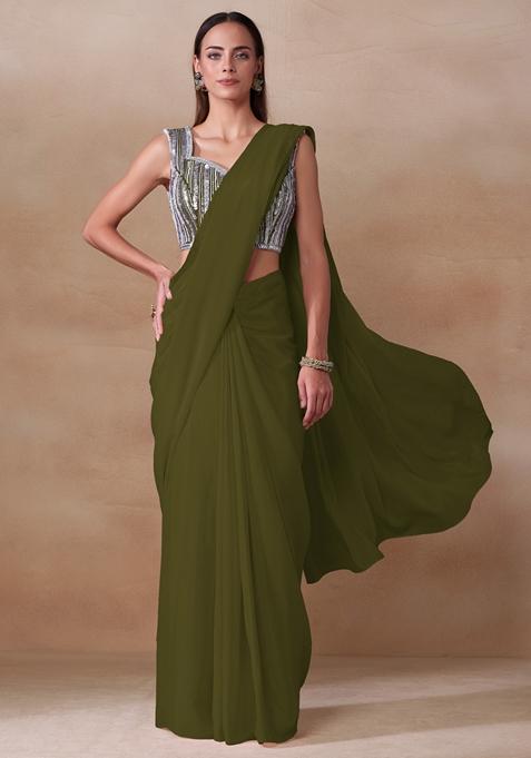 Fern Green Stone Work Chinon Saree Set