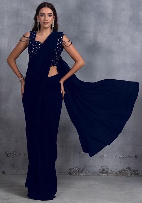 Midnight Blue Stone Work Chinon Saree Set