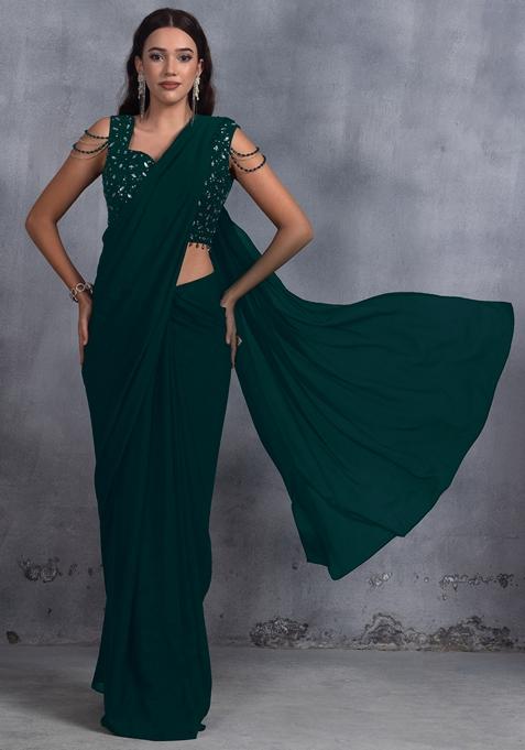 Deep Green Stone Work Chinon Saree Set