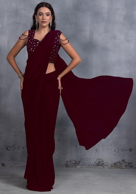 Plum Purple Stone Work Chinon Saree Set