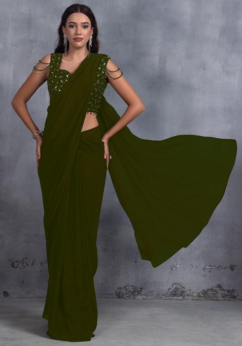 Green Stone Work Chinon Saree Set