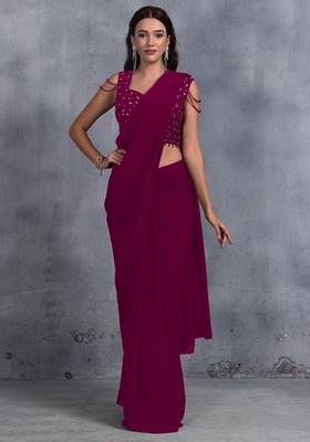 Dark Pink Stone Work Chinon Saree Set