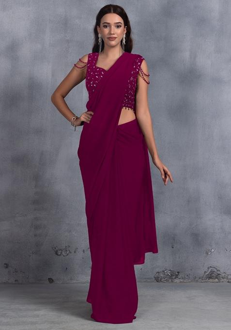 Dark Pink Stone Work Chinon Saree Set