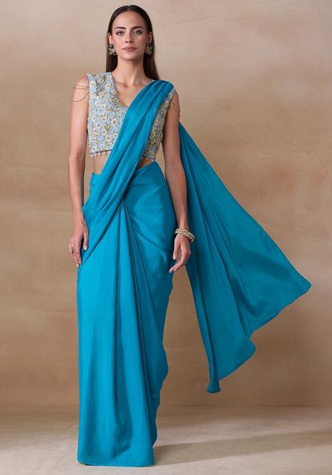 Blue Sequin Bead Embroidered Chinon Saree Set