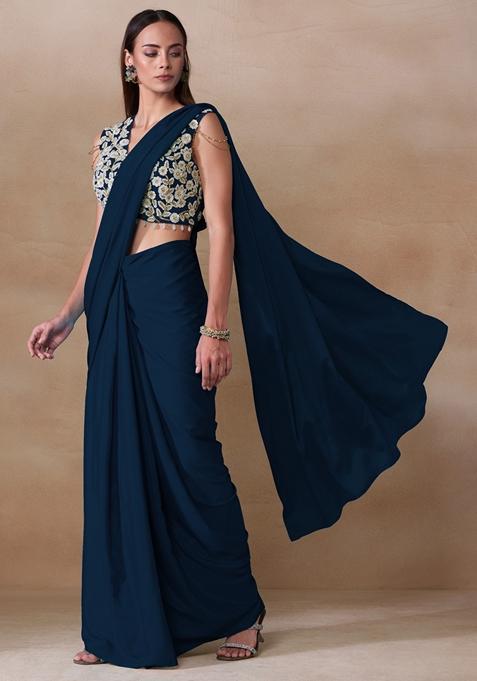 Teal Blue Sequin Bead Embroidered Chinon Saree Set