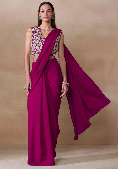 Pink Sequin Bead Embroidered Chinon Saree Set