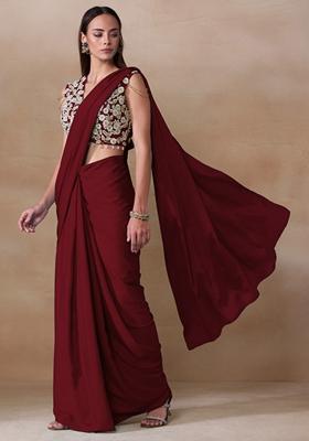 Deep Maroon Sequin Bead Embroidered Chinon Saree Set