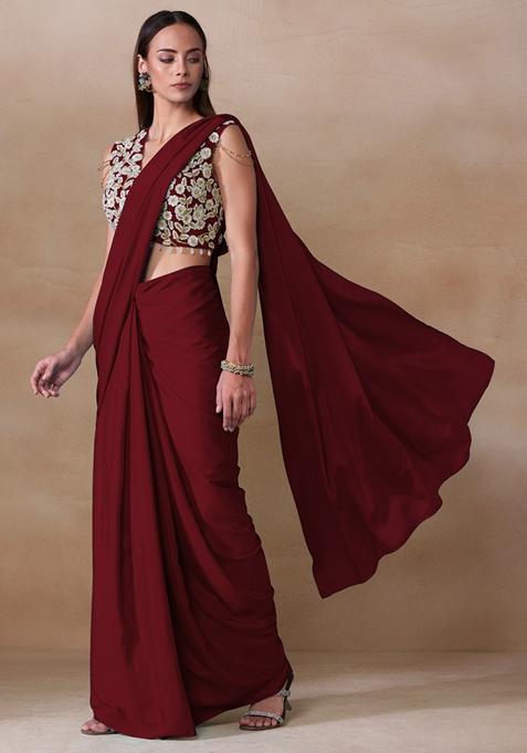 Deep Maroon Sequin Bead Embroidered Chinon Saree Set