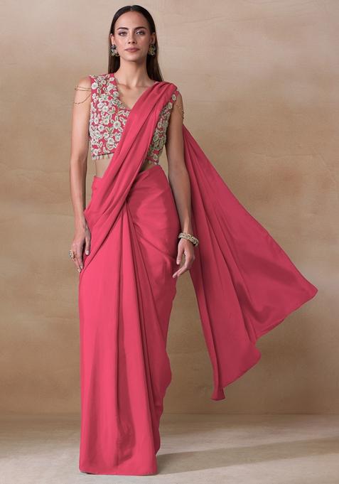 Cerise Pink Sequin Bead Embroidered Chinon Saree Set