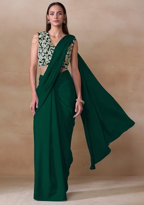 Dark Green Sequin Bead Embroidered Chinon Saree Set