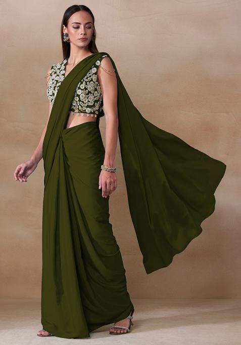 Fern Green Sequin Bead Embroidered Chinon Saree Set