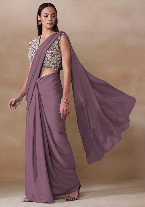 Old Mauve Sequin Bead Embroidered Chinon Saree Set