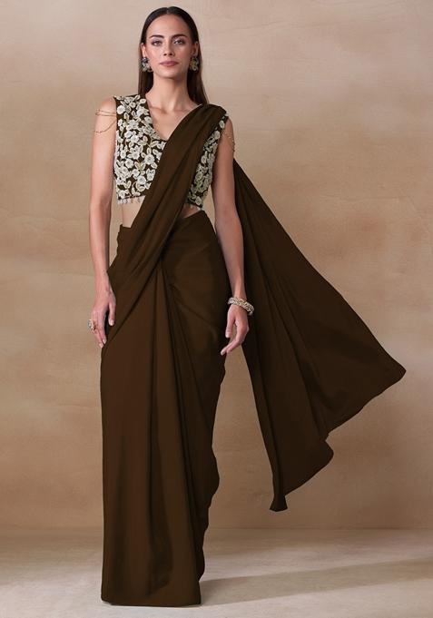 Brown Sequin Bead Embroidered Chinon Saree Set