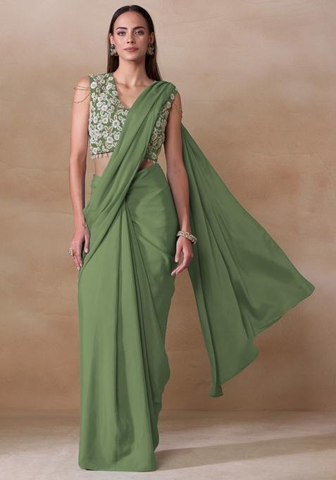 Sage Green Sequin Bead Embroidered Chinon Saree Set