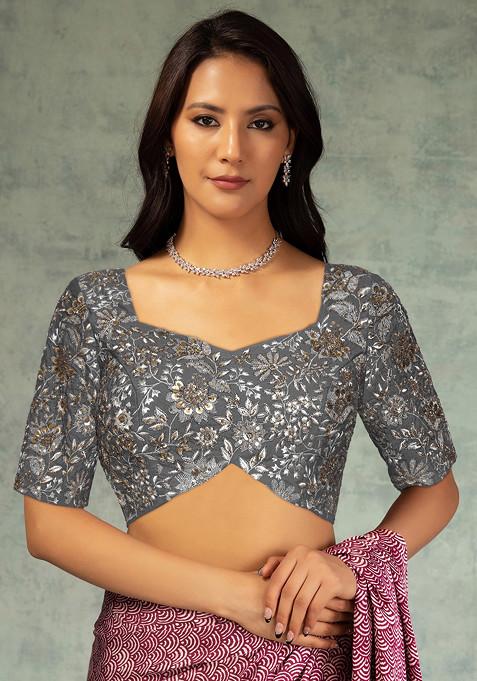 Grey Sequin Zari Hand Embroidered Blouse