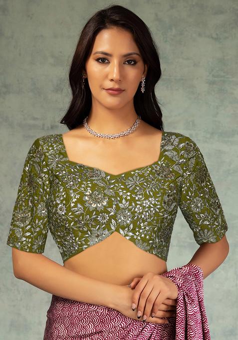 Light Olive Sequin Zari Hand Embroidered Blouse