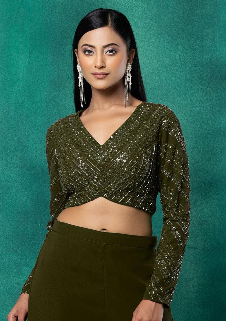 Olive Green Sequin Dori Hand Embroidered Blouse