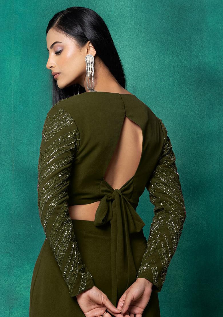 Olive Green Sequin Dori Hand Embroidered Blouse