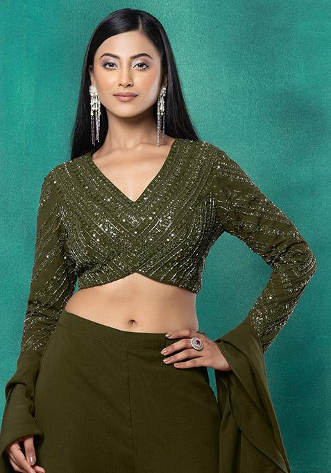 Olive Green Sequin Dori Hand Embroidered Blouse