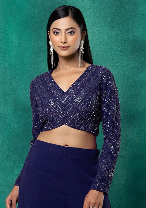 Indigo Blue Sequin Dori Hand Embroidered Blouse