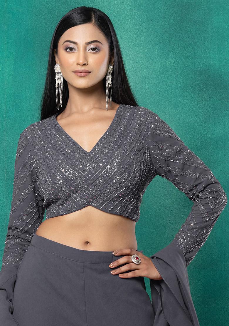Grey Sequin Dori Hand Embroidered Blouse