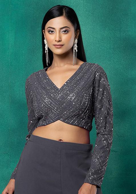 Grey Sequin Dori Hand Embroidered Blouse