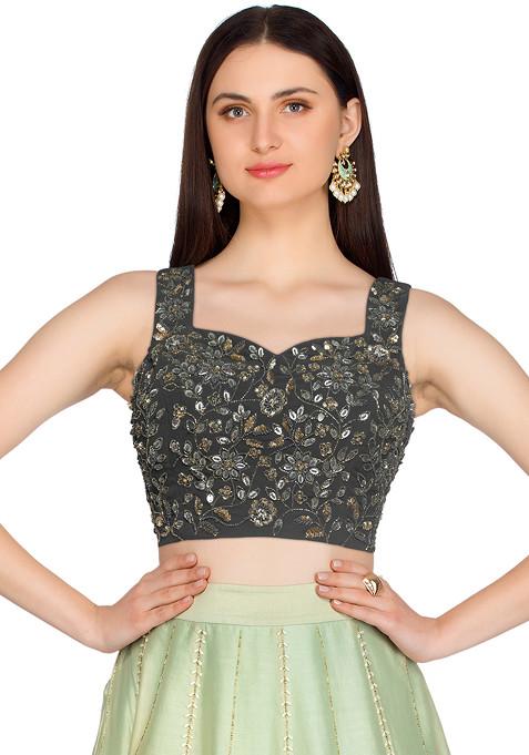 Charcoal Black Floral Sequin Hand Embroidered Blouse