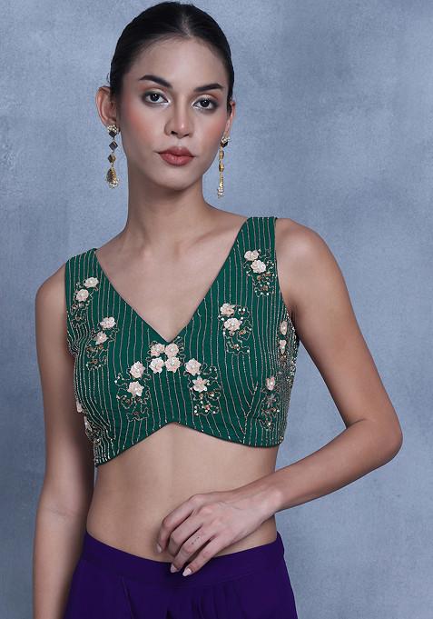 Dark Green Floral Hand Embroidered Blouse