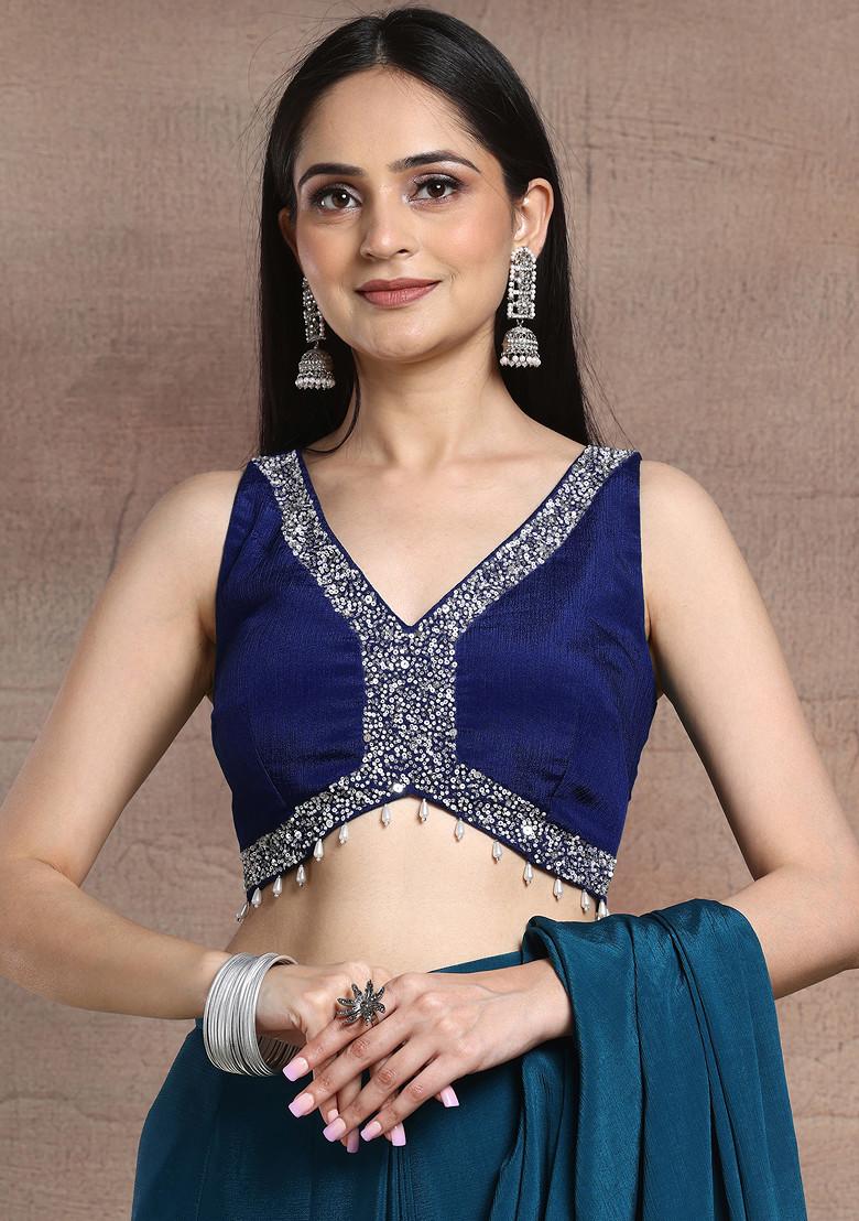 Indigo Blue Sequin Pearl Hand Embroidered Blouse