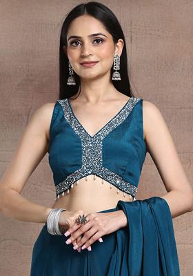 Teal Blue Sequin Pearl Hand Embroidered Blouse