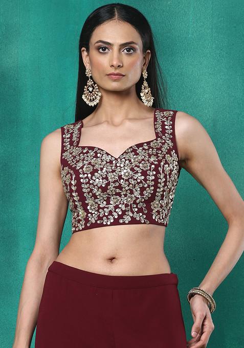 Deep Maroon Floral Dori Embroidered Blouse