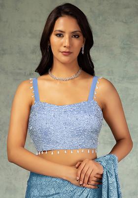 Steel Blue Sequin Pearl Hand Work Blouse