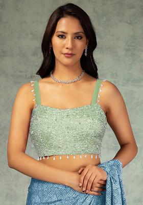 Light Olive Sequin Pearl Hand Work Blouse