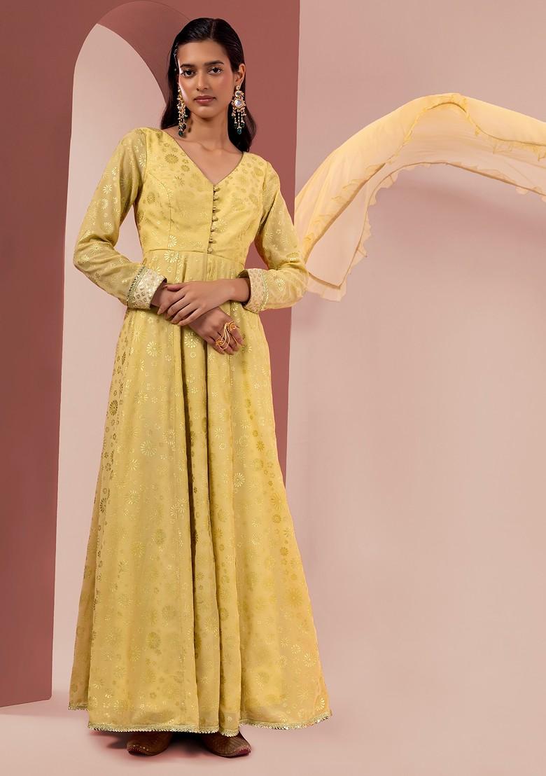 Beige Foil Print Anarkali Kurta With Ruffled Dupatta (Set of 2)